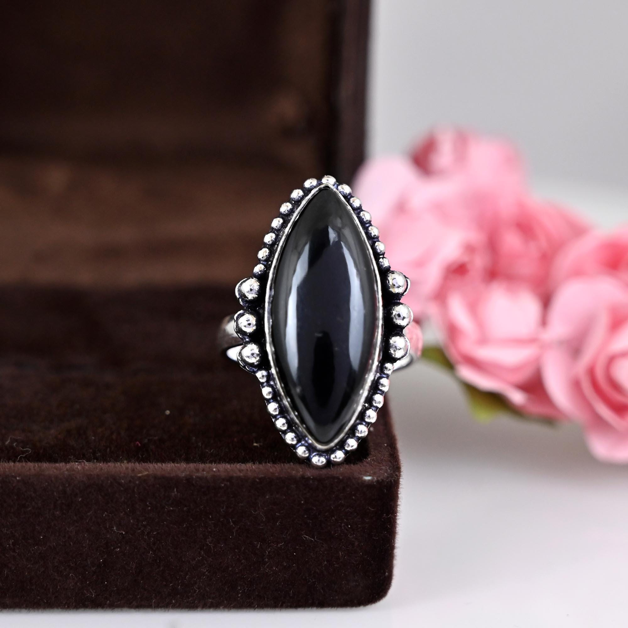 Genuine Black Onyx Ring, Black Onyx Marquise Ring, Black Stone Ring, Black Onyx Statement Ring, Boho Silver Ring, Everyday Silver Ring