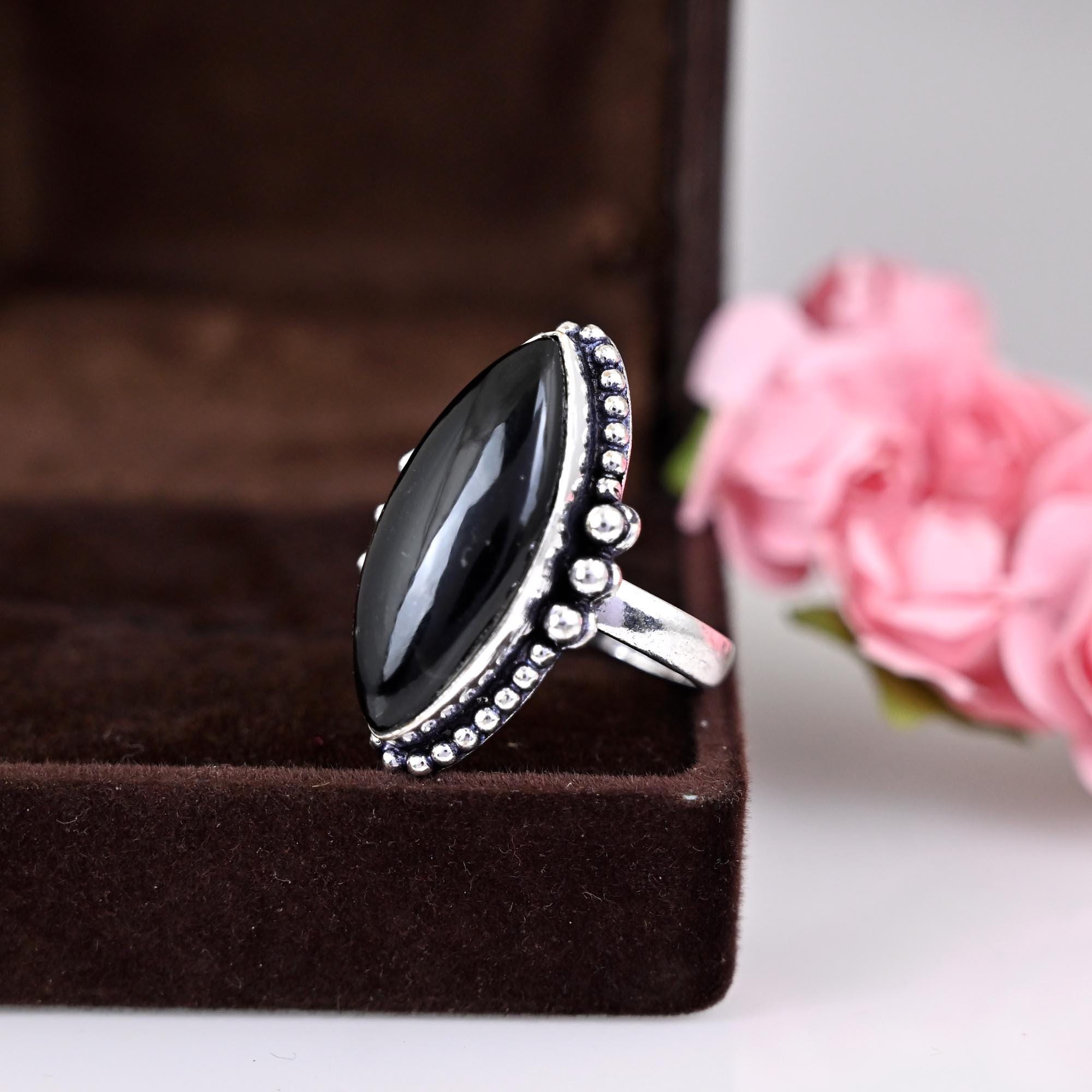 Genuine Black Onyx Ring, Black Onyx Marquise Ring, Black Stone Ring, Black Onyx Statement Ring, Boho Silver Ring, Everyday Silver Ring