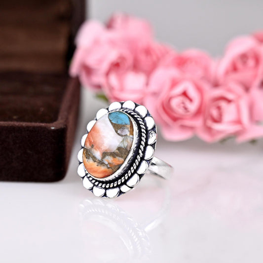 Oyster Copper Turquoise Ring for Women, Sterling Silver Ring, Boho Jewelry, Oval Stone Ring, Statement Ring Delicate Ring, Gift For Her,