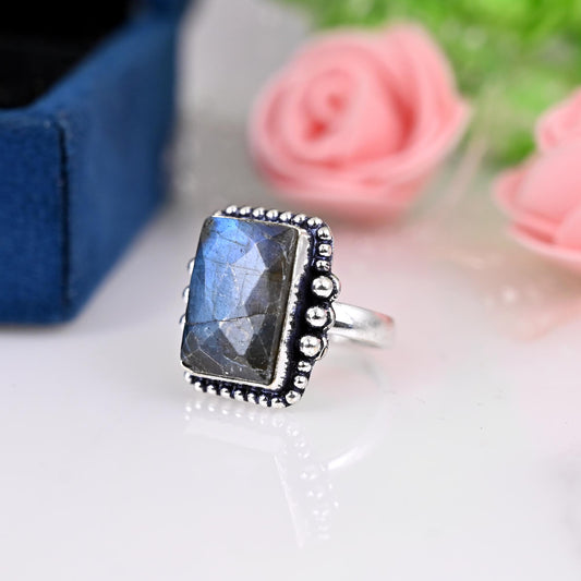 Rectangle Rainbow Labradorite Ring, Statement Ring, Handmade Ring, Natural  Labradorite,  Sterling Silver 925, Big Stone, Bohemian jewelry