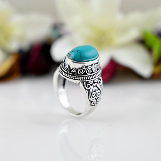 Boho Turquoise Ring, Silver Turquoise Ring,  Large Turquoise Ring, Sterling Silver Ring, Birthstone Ring, Bohemian Jewelry, Gift.