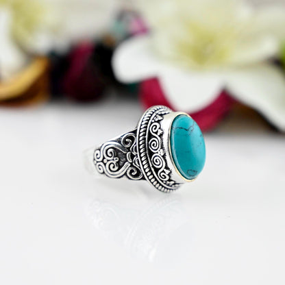 Boho Turquoise Ring, Silver Turquoise Ring,  Large Turquoise Ring, Sterling Silver Ring, Birthstone Ring, Bohemian Jewelry, Gift.