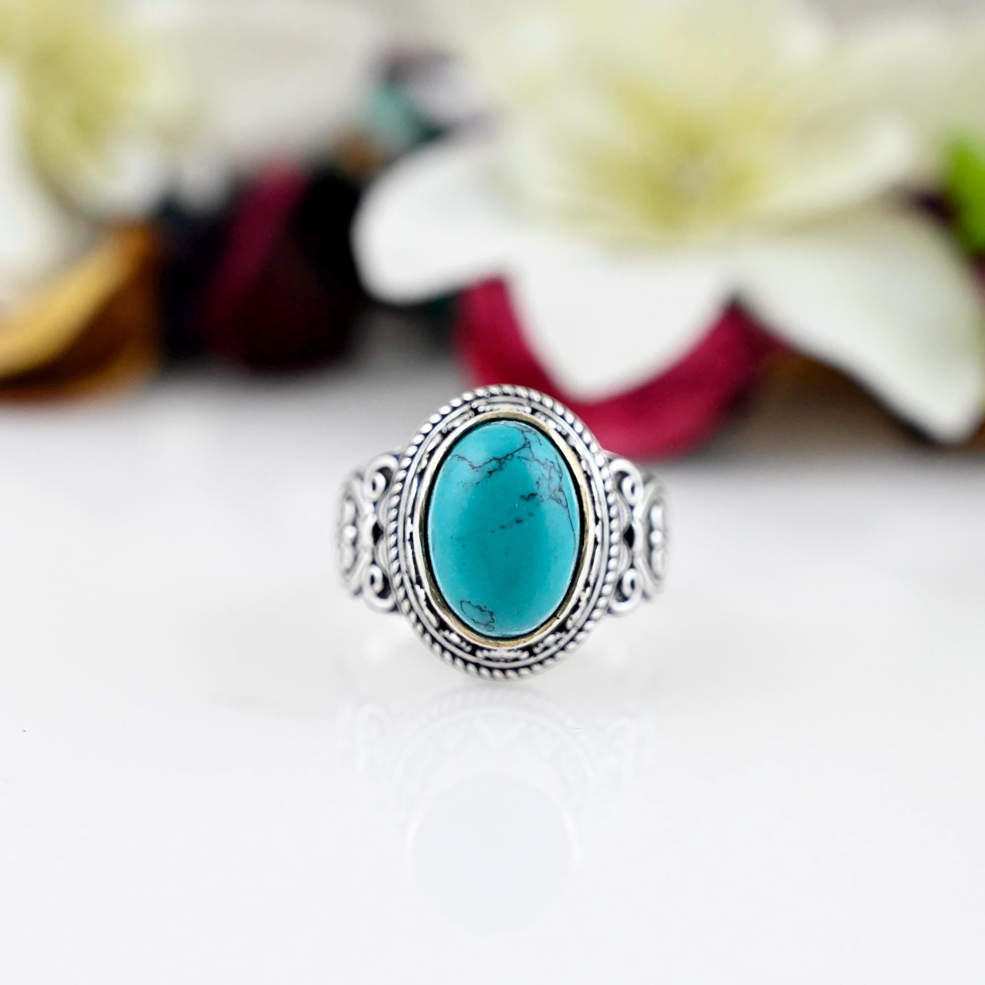 Boho Turquoise Ring, Silver Turquoise Ring,  Large Turquoise Ring, Sterling Silver Ring, Birthstone Ring, Bohemian Jewelry, Gift.