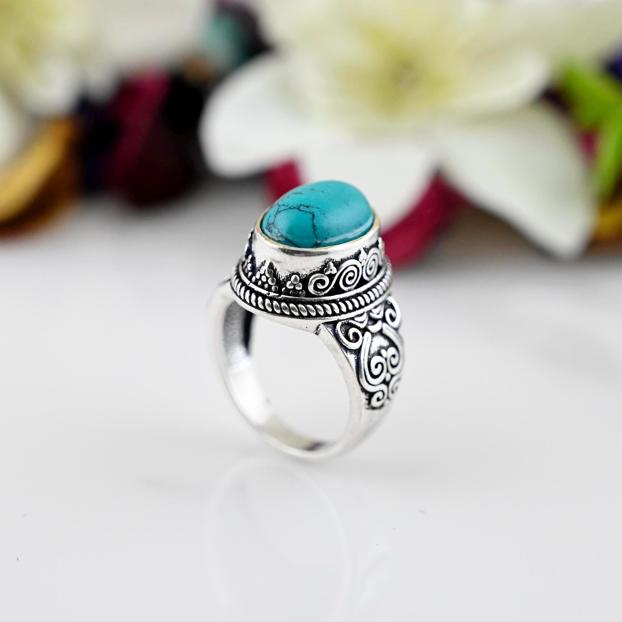 Boho Turquoise Ring, Silver Turquoise Ring,  Large Turquoise Ring, Sterling Silver Ring, Birthstone Ring, Bohemian Jewelry, Gift.