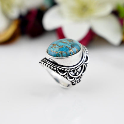 Genuine Turquoise Ring, Silver Turquoise Ring, Copper Turquoise Ring, Sterling Silver Ring, Blue Ring, Boho Turquoise Ring, Turquoise Ring