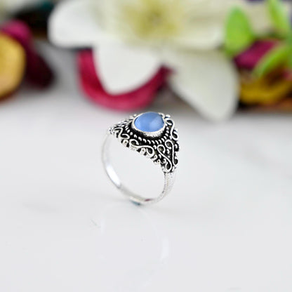 Natural Blue Chalcedony Ring-Handmade Silver Ring-925 Sterling Silver Ring-Oval Blue Chalcedony Ring-Promise Ring-Sagittarius Birthstone