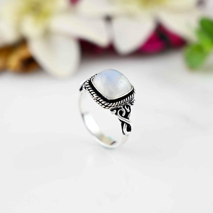 Moonstone, Sterling Silver 925, Handmade, Gemstone, Statement, Everyday, Square stone, Hippie, Bohemian, Engagement Ring, Gift Idea