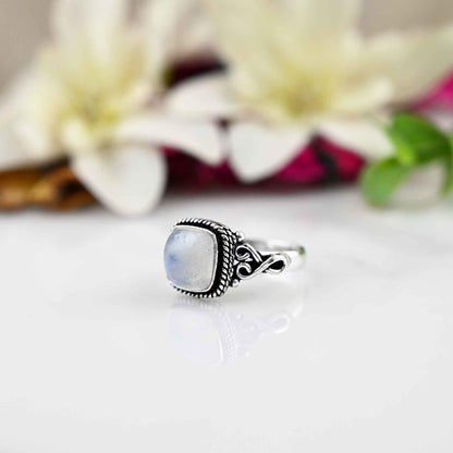 Moonstone, Sterling Silver 925, Handmade, Gemstone, Statement, Everyday, Square stone, Hippie, Bohemian, Engagement Ring, Gift Idea