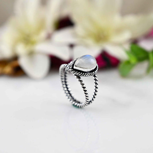 Rainbow Moonstone Silver Ring, 925 Sterling Silver Ring, Moonstone Pear Ring, Moonstone Jewelry, Dainty Silver Ring, Gifts for Women