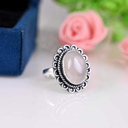 Rose Quartz Oval Ring, Gemstone,  Natural, Sterling Silver 925, Boho, Dainty, Jewelry, Handmade, Beautiful,January, Birthstone