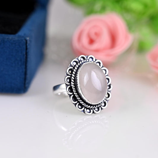 Rose Quartz Oval Ring, Gemstone,  Natural, Sterling Silver 925, Boho, Dainty, Jewelry, Handmade, Beautiful,January, Birthstone