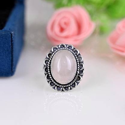 Rose Quartz Oval Ring, Gemstone,  Natural, Sterling Silver 925, Boho, Dainty, Jewelry, Handmade, Beautiful,January, Birthstone