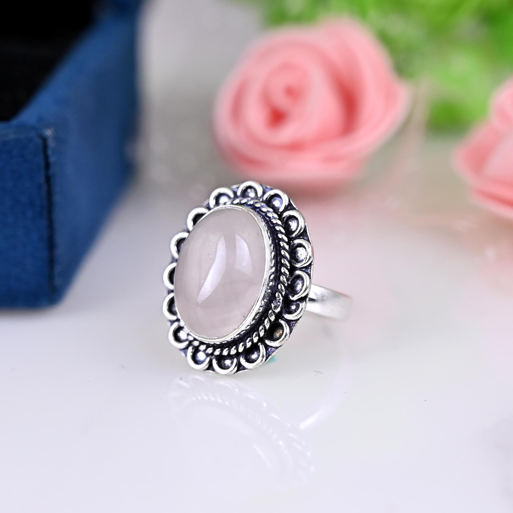 Rose Quartz Oval Ring, Gemstone,  Natural, Sterling Silver 925, Boho, Dainty, Jewelry, Handmade, Beautiful,January, Birthstone