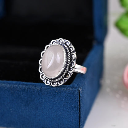 Rose Quartz Oval Ring, Gemstone,  Natural, Sterling Silver 925, Boho, Dainty, Jewelry, Handmade, Beautiful,January, Birthstone