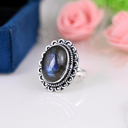 Natural Labradorite Ring, 925 Solid Sterling Silver Ring, Boho Ring, Oval Labradorite Ring, Ring for Women, Silver Ring, Designer Ring